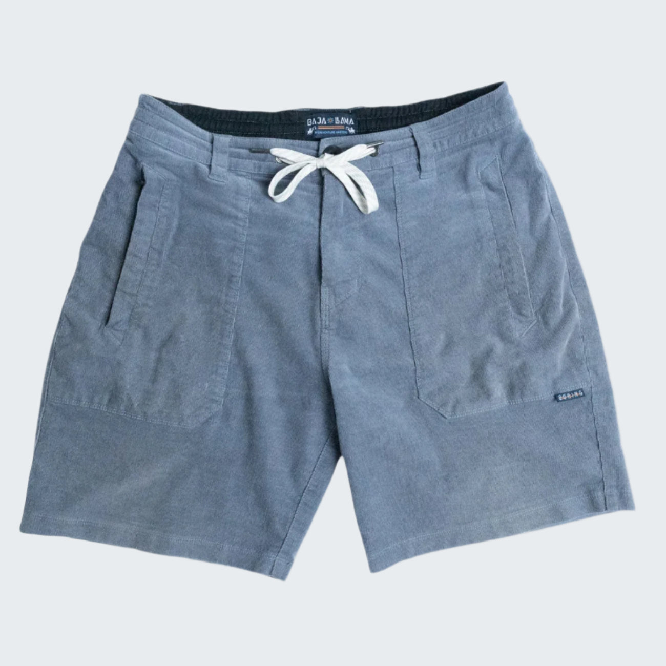 Blue shorts with a drawstring on a white background