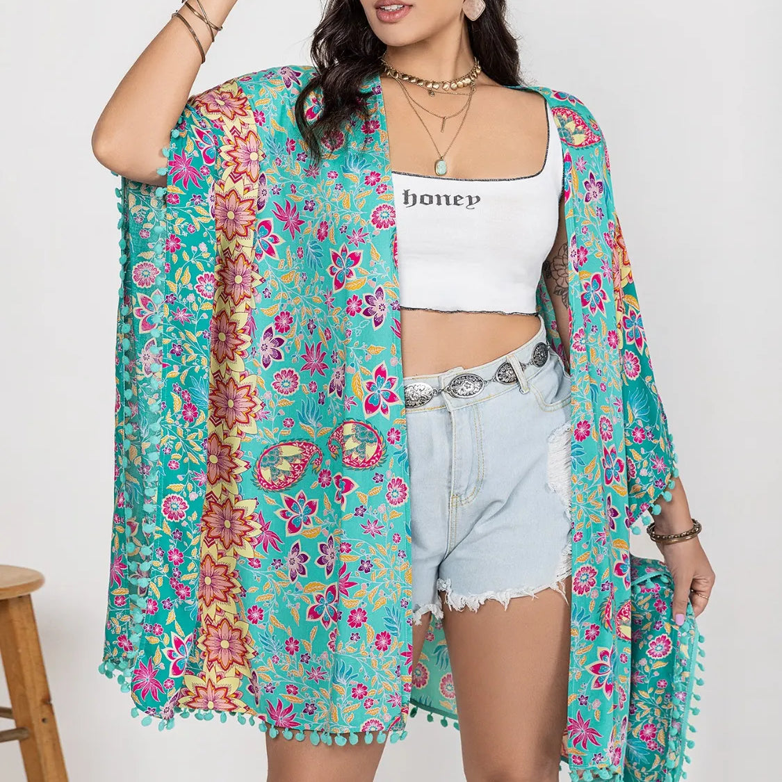 Plus Size Printed Open Front Cover-Up