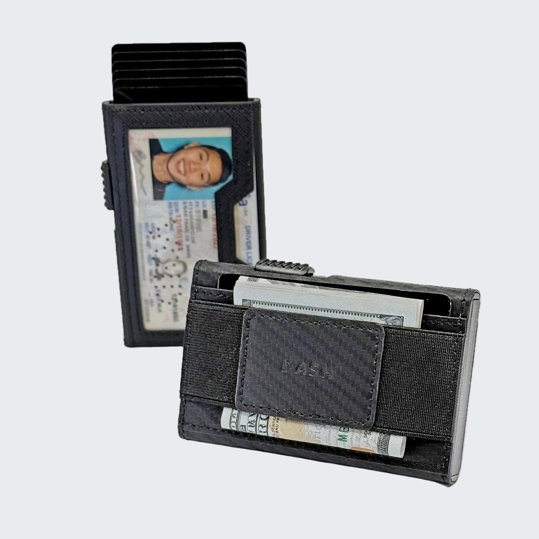 Carbon fiber wallet with card slots and cash pocket on a white background