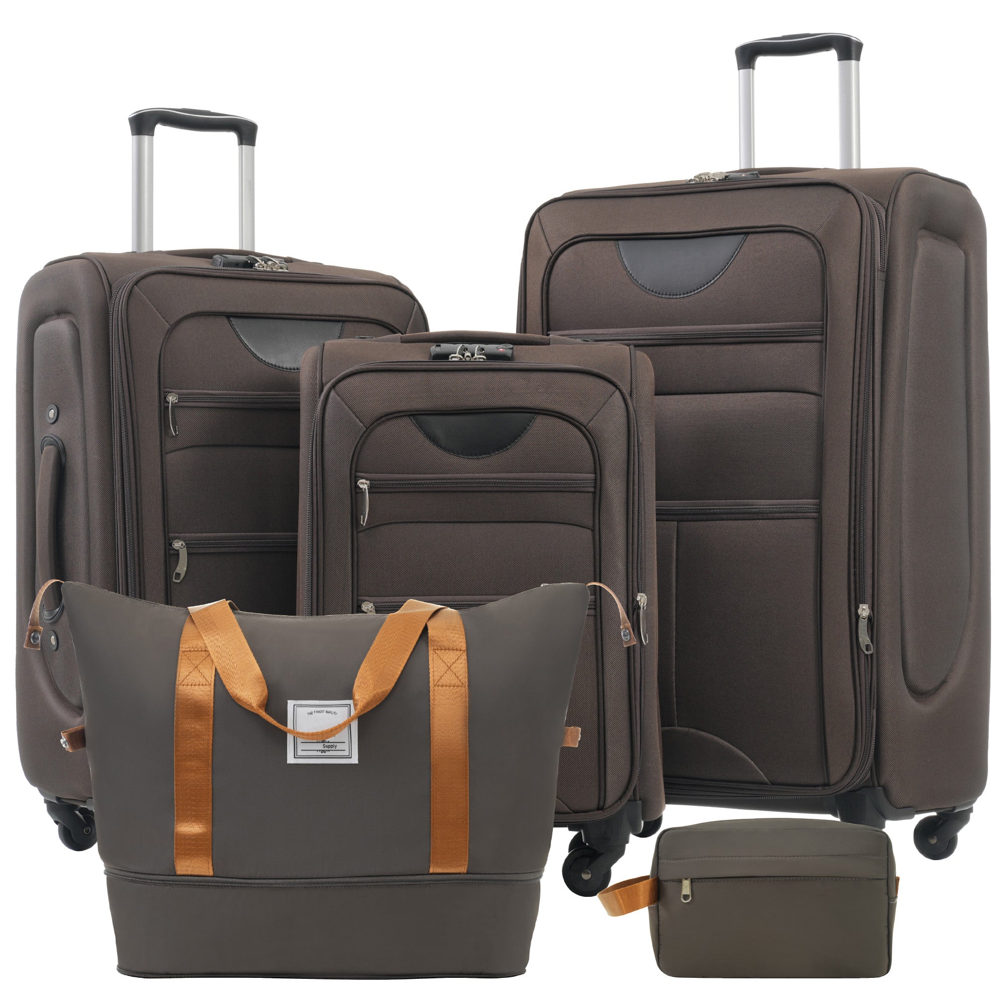 Brown Softside Luggage Expandable Three Piece Set Suitcase with Duffel Bag Upright Spinner