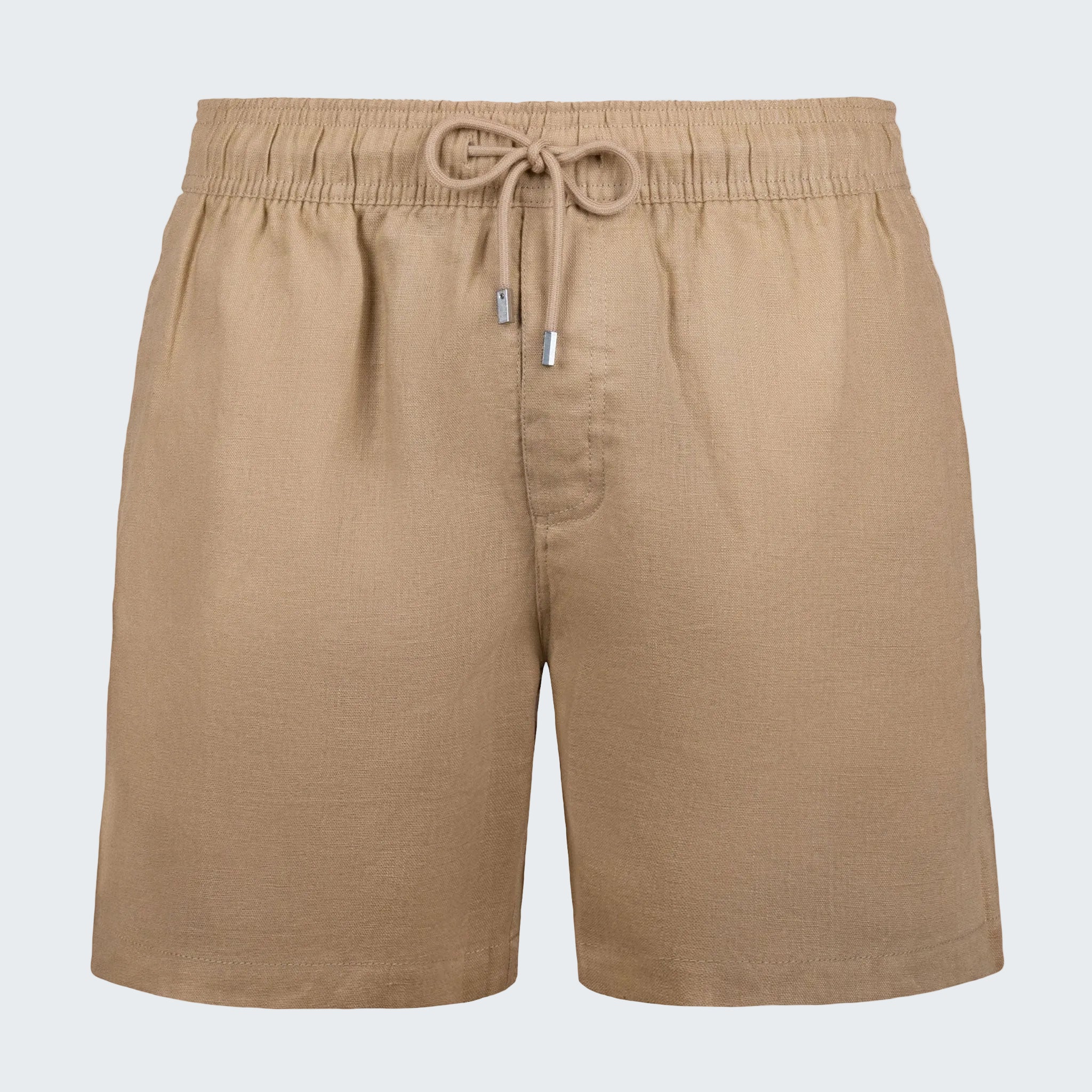 Beige shorts with a drawstring on a white background