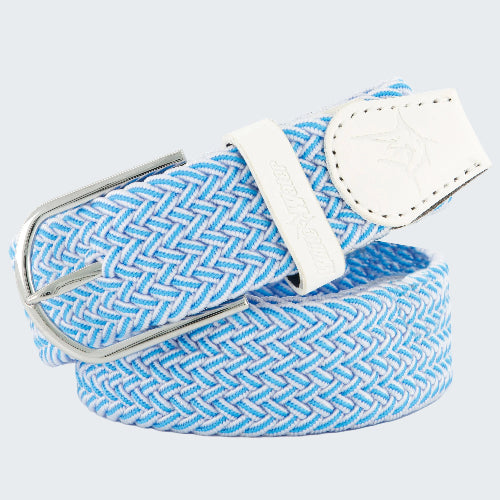 Blue woven belt with a white buckle on a white background