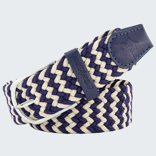Navy and white chevron patterned belt with a navy buckle on a white background