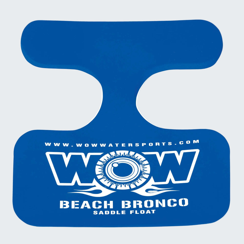 Blue saddle float with WOW Watersports logo on a white background