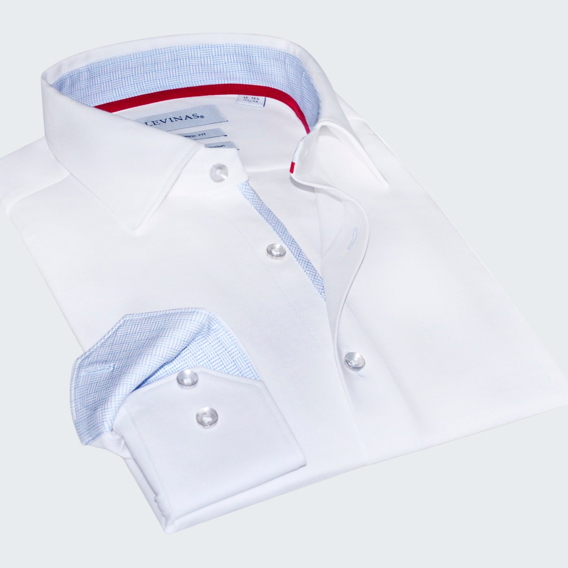White dress shirt with light blue inner lining on a white background