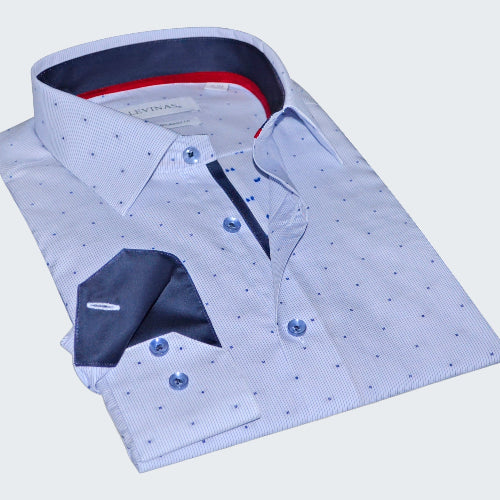 Folded light blue dress shirt with white pattern on a white background