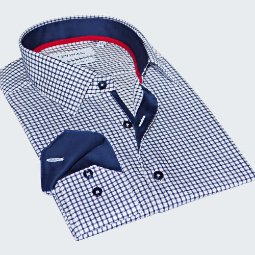 Folded blue and white checkered shirt with a red lining on a white background
