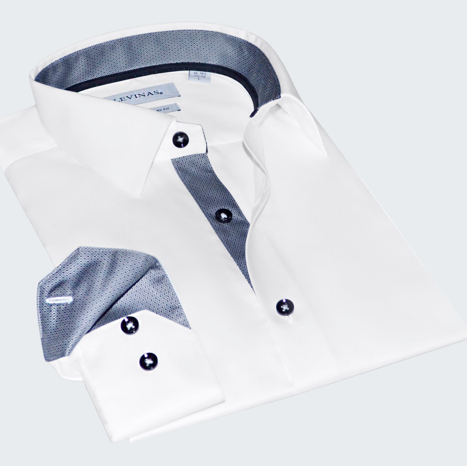 White dress shirt with blue trim on a white background