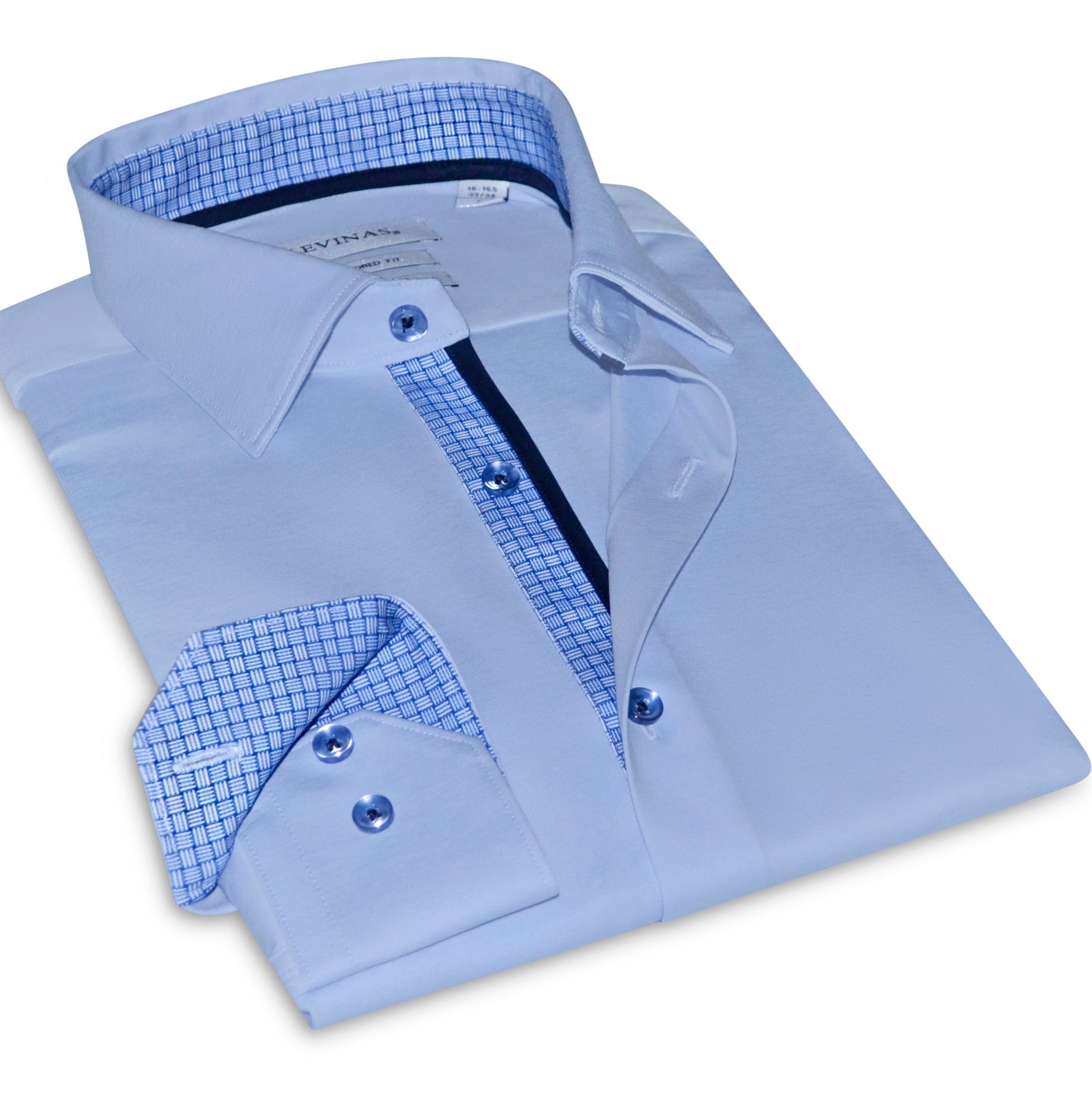 Folded light blue dress shirt with checkered interior on a white background