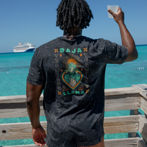 Person wearing a t-shirt with 'Baja Llama' design by the ocean