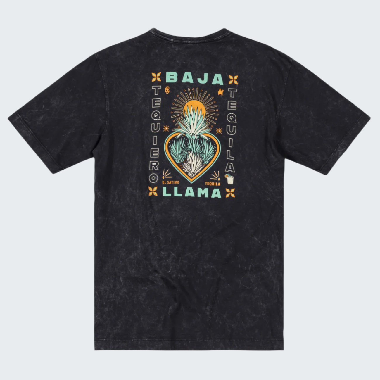 Black t-shirt with colorful graphic design on the back on a white background