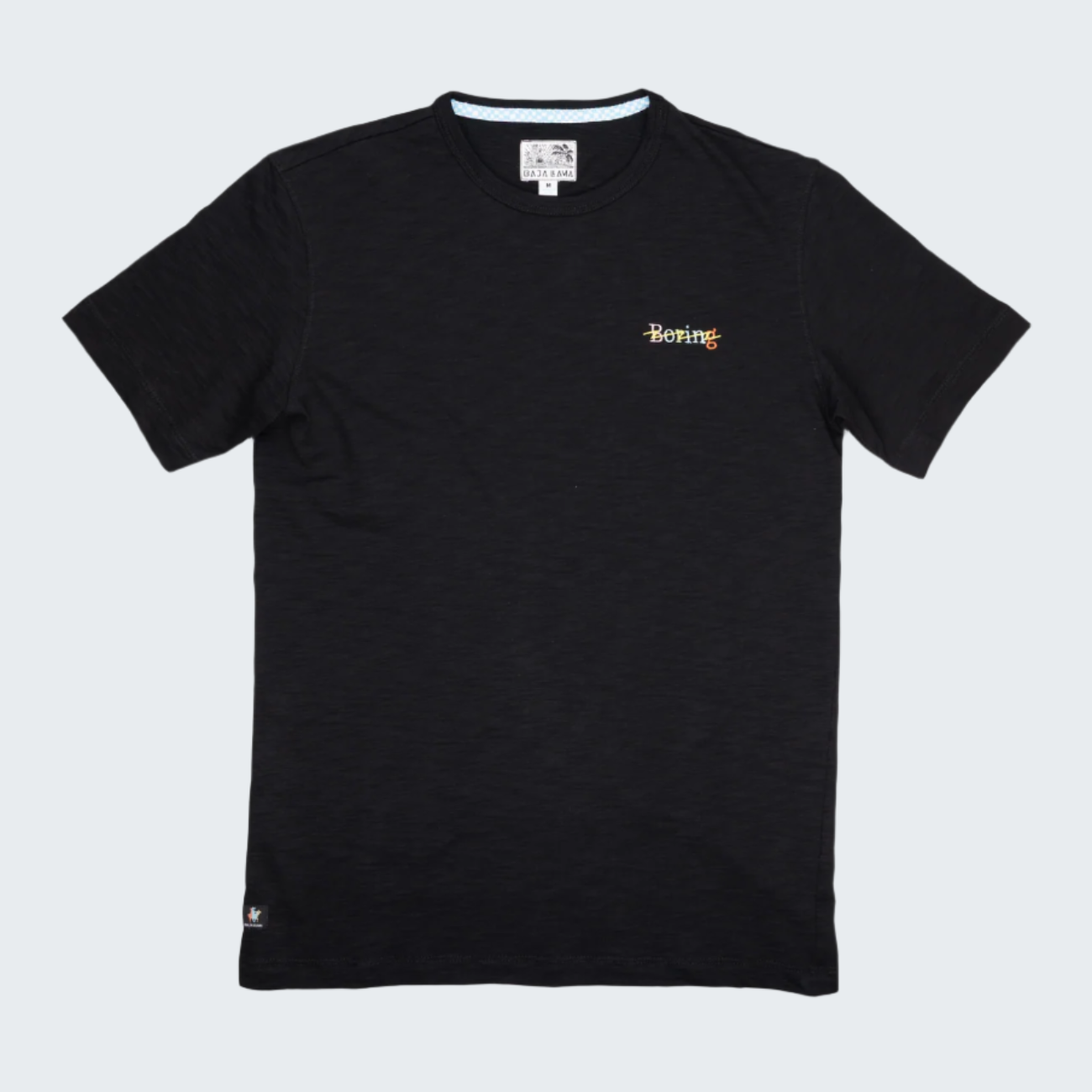 Black t-shirt with a small logo on a white background