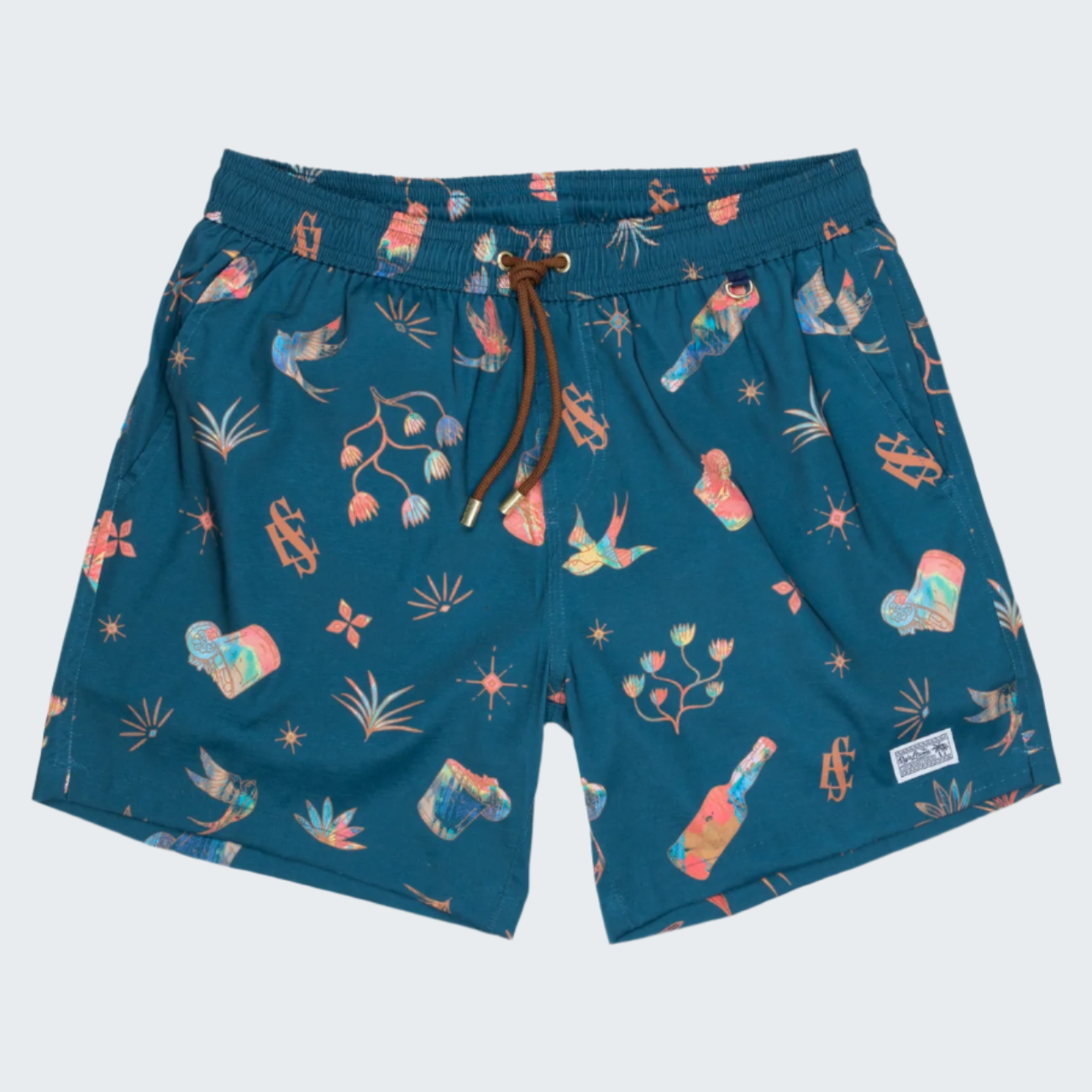 Blue swim shorts with colorful patterns on a white background