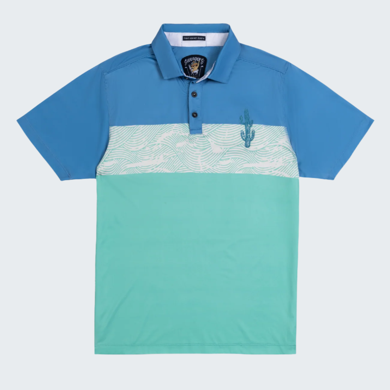 Two-tone blue and teal polo shirt with cactus design on a white background