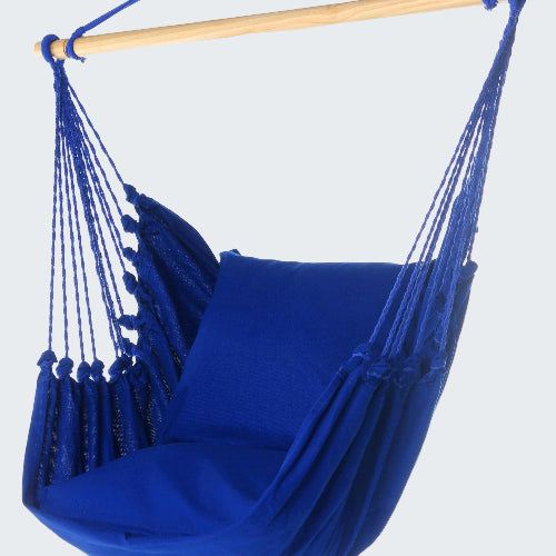 Blue hammock chair with wooden rod on a white background