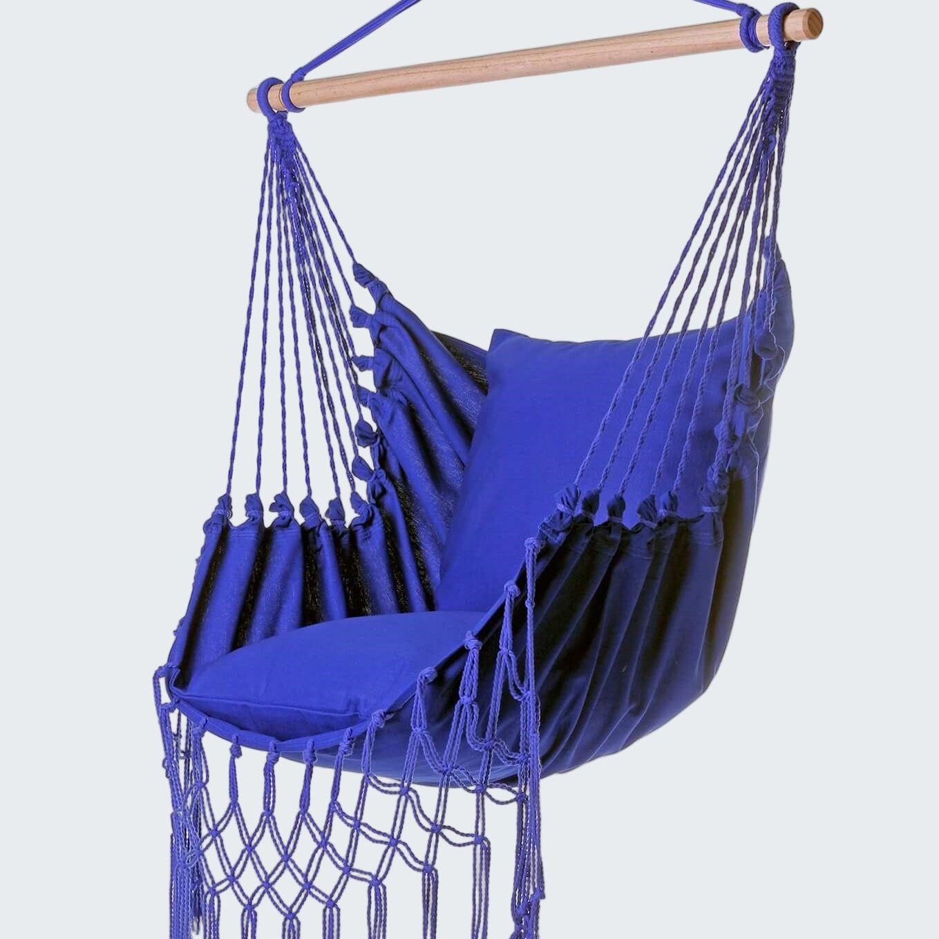Blue hammock chair with tassels on a white background