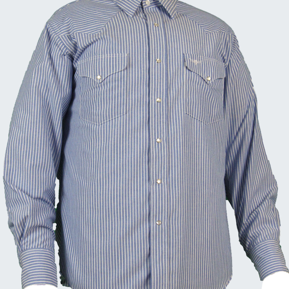 Blue and white striped shirt on a white background