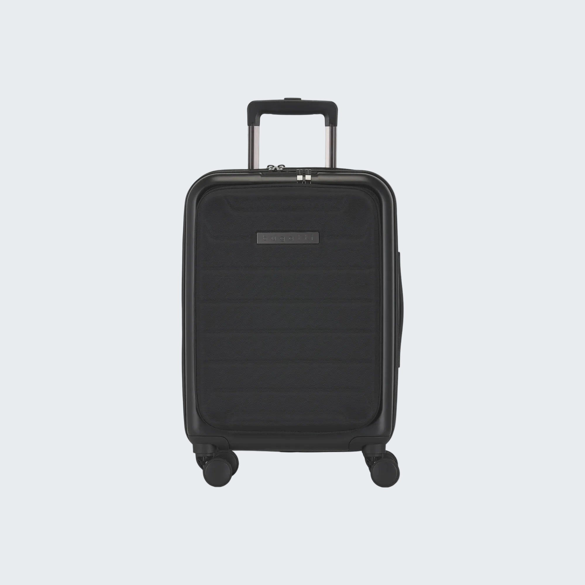 Black suitcase with wheels on a white background