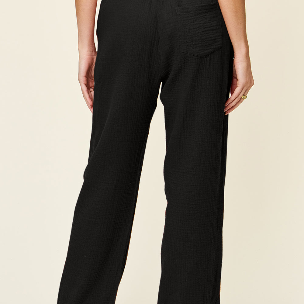 Double Take Full Size Texture Drawstring Straight Pants