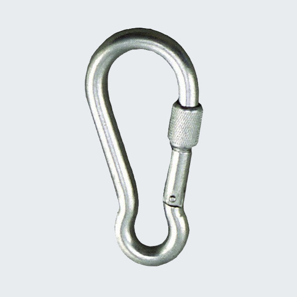 Metal carabiner on a white background