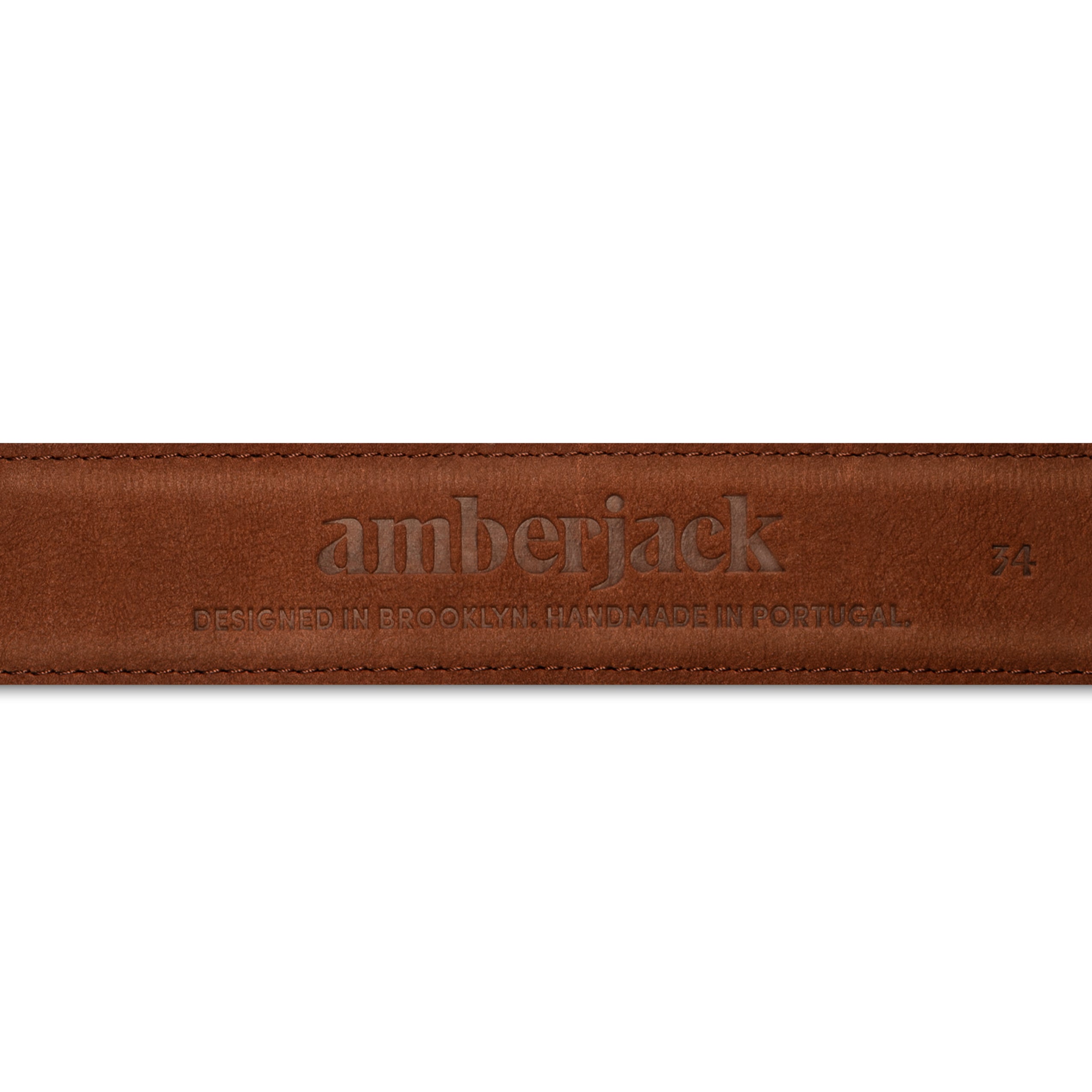 Brown leather strap with 'amberjack' branding on a white background