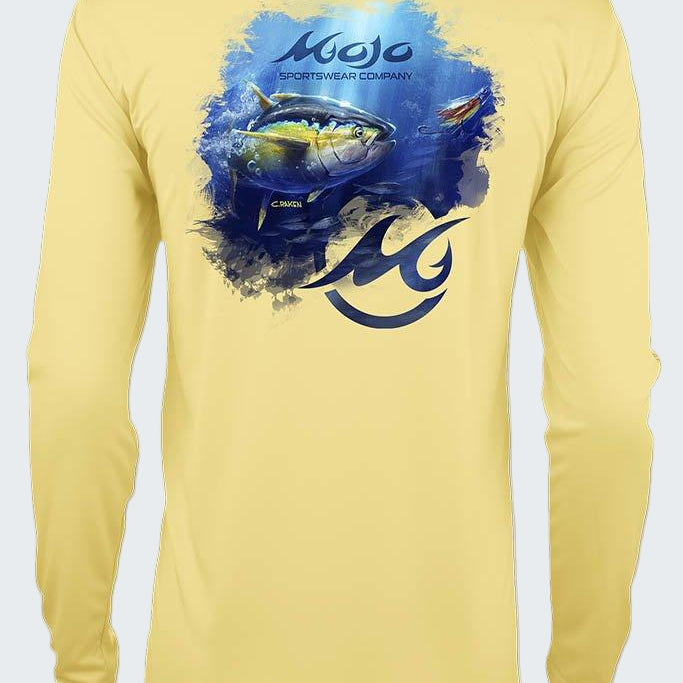 Yellow long-sleeve shirt with blue graphic design on a white background