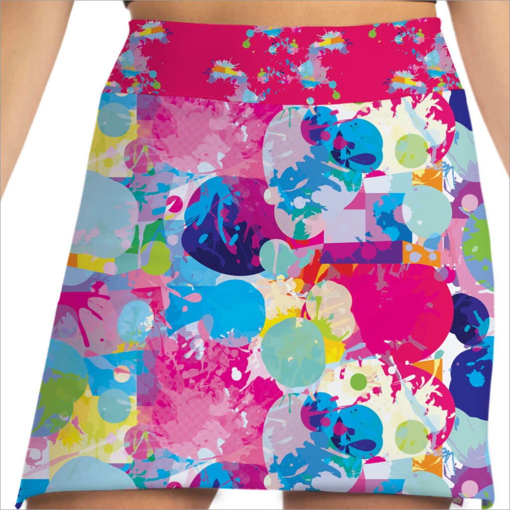 Colorful patterned skirt with abstract design on a white background