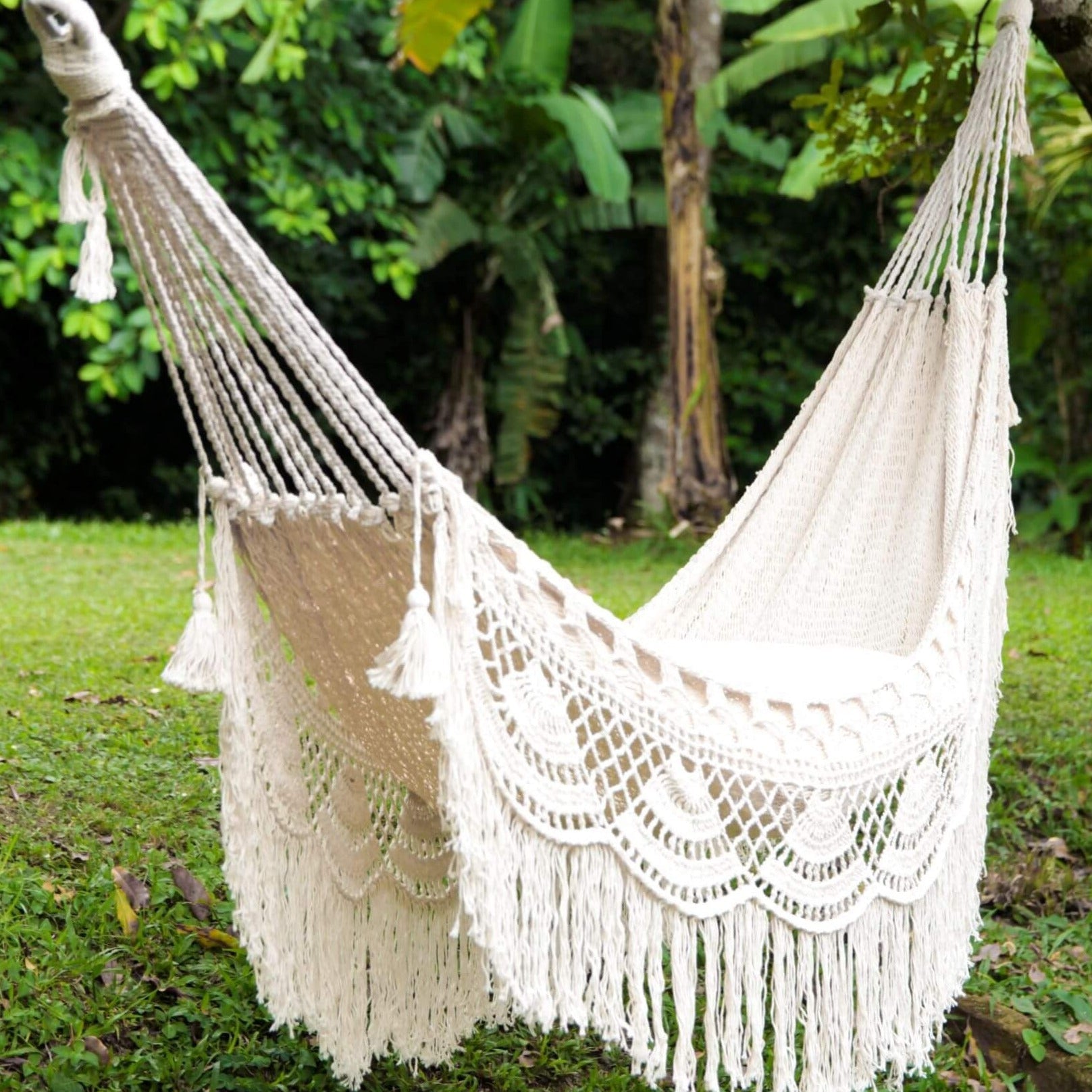 White hammock with tassels hanging in a natural setting with greenery.