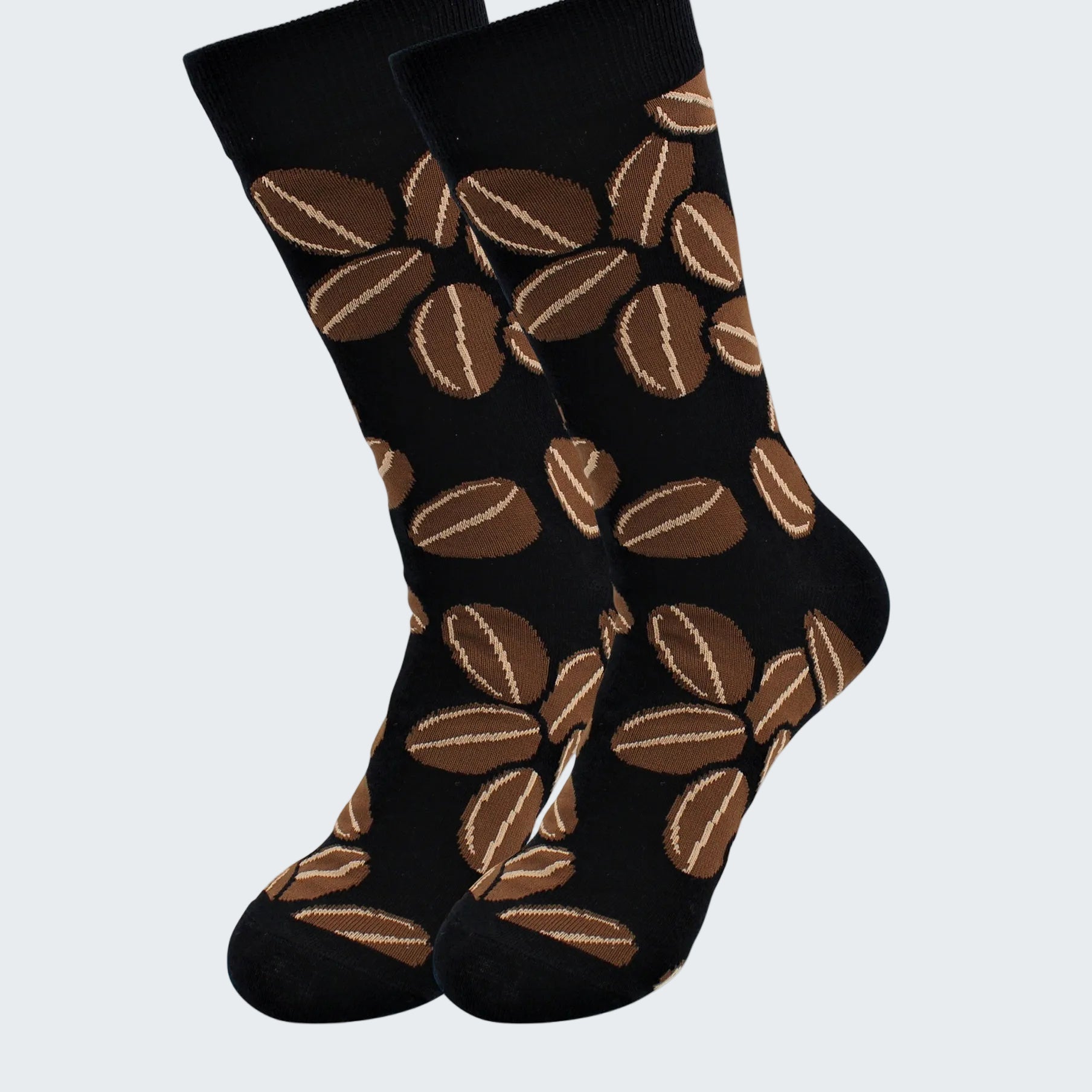 Black socks with brown coffee bean pattern on a white background