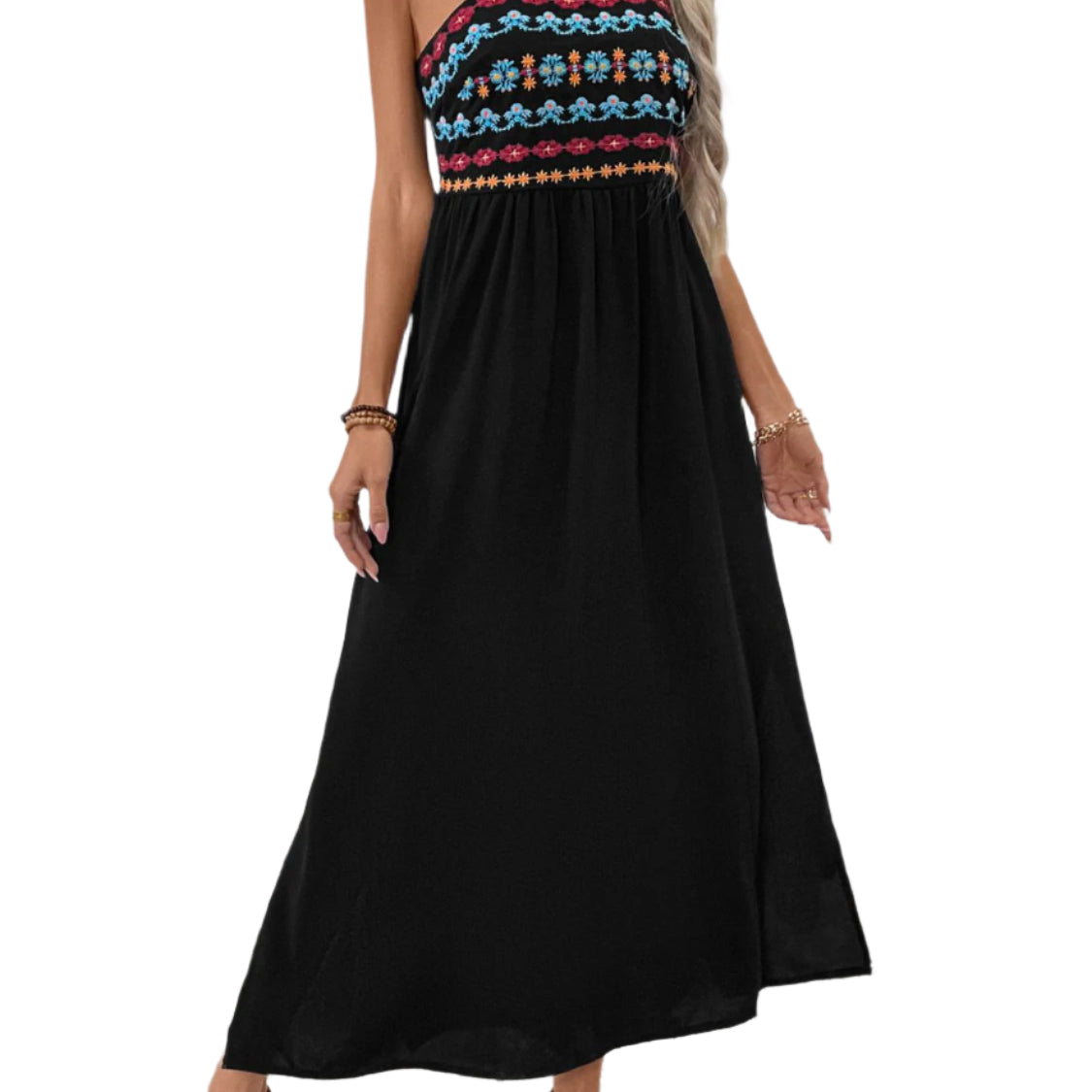 Perfee Embroidered Floral Side Slit Sleeveless Midi Dress