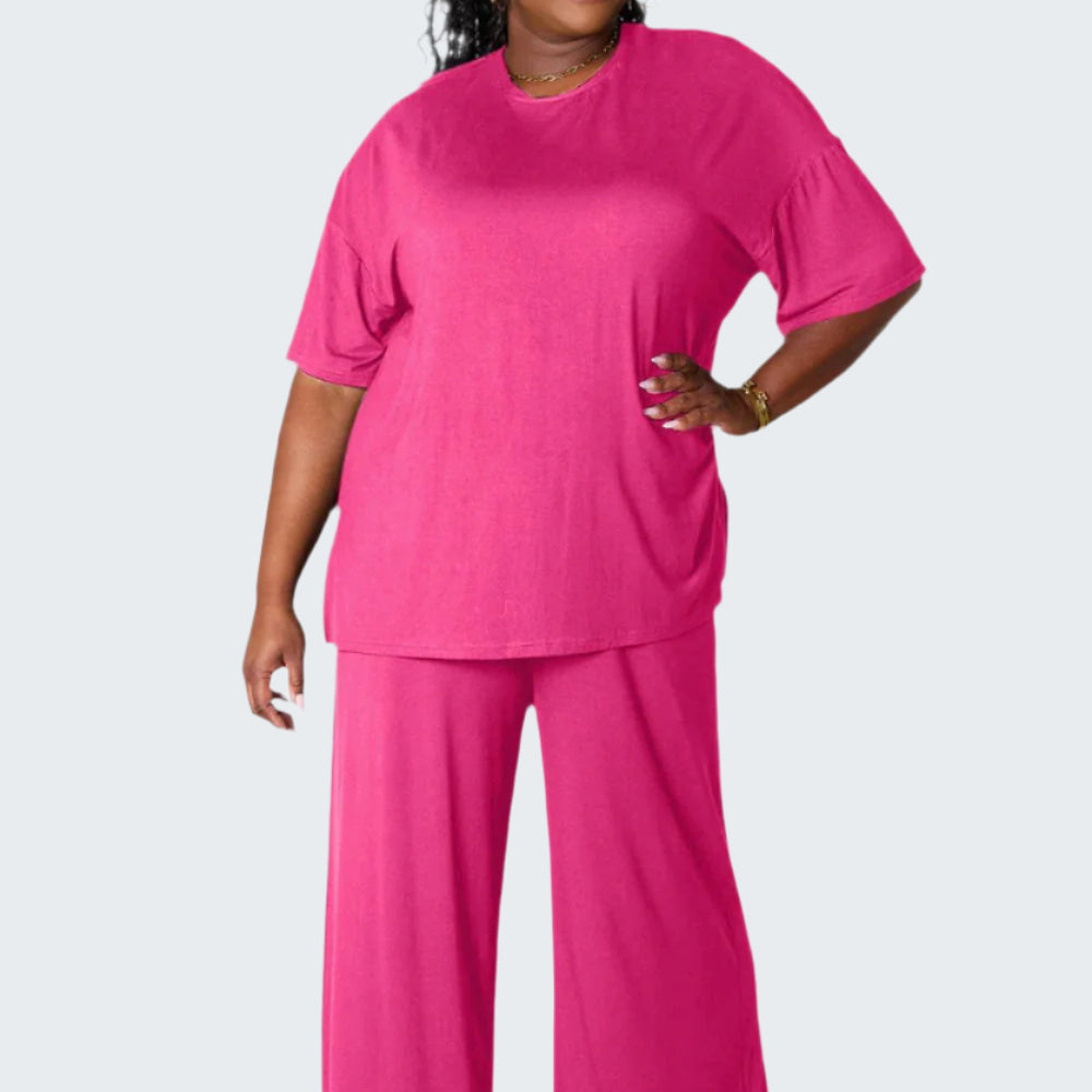 Double Take Full Size Round Neck Slit Top and Pants Set