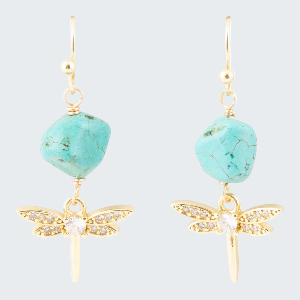 Turquoise bead earrings with gold dragonfly designs on a white background