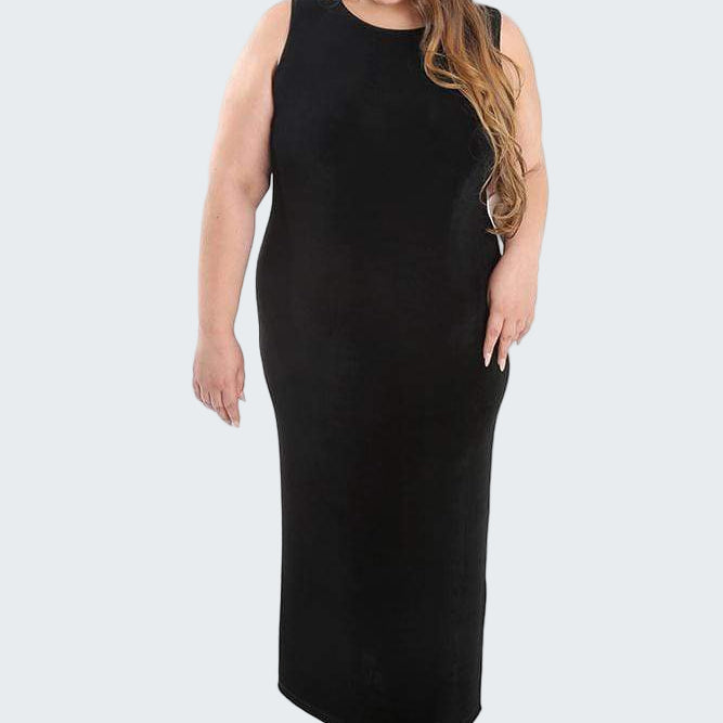 Woman wearing a black sleeveless dress on a white background