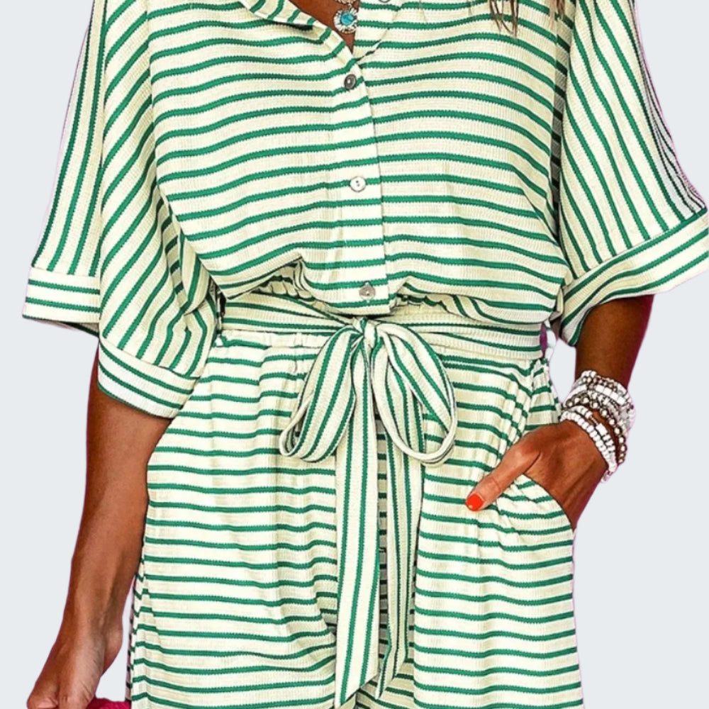 Striped Half Sleeve Tie Waist Romper