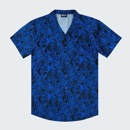 Blue patterned shirt on a white background