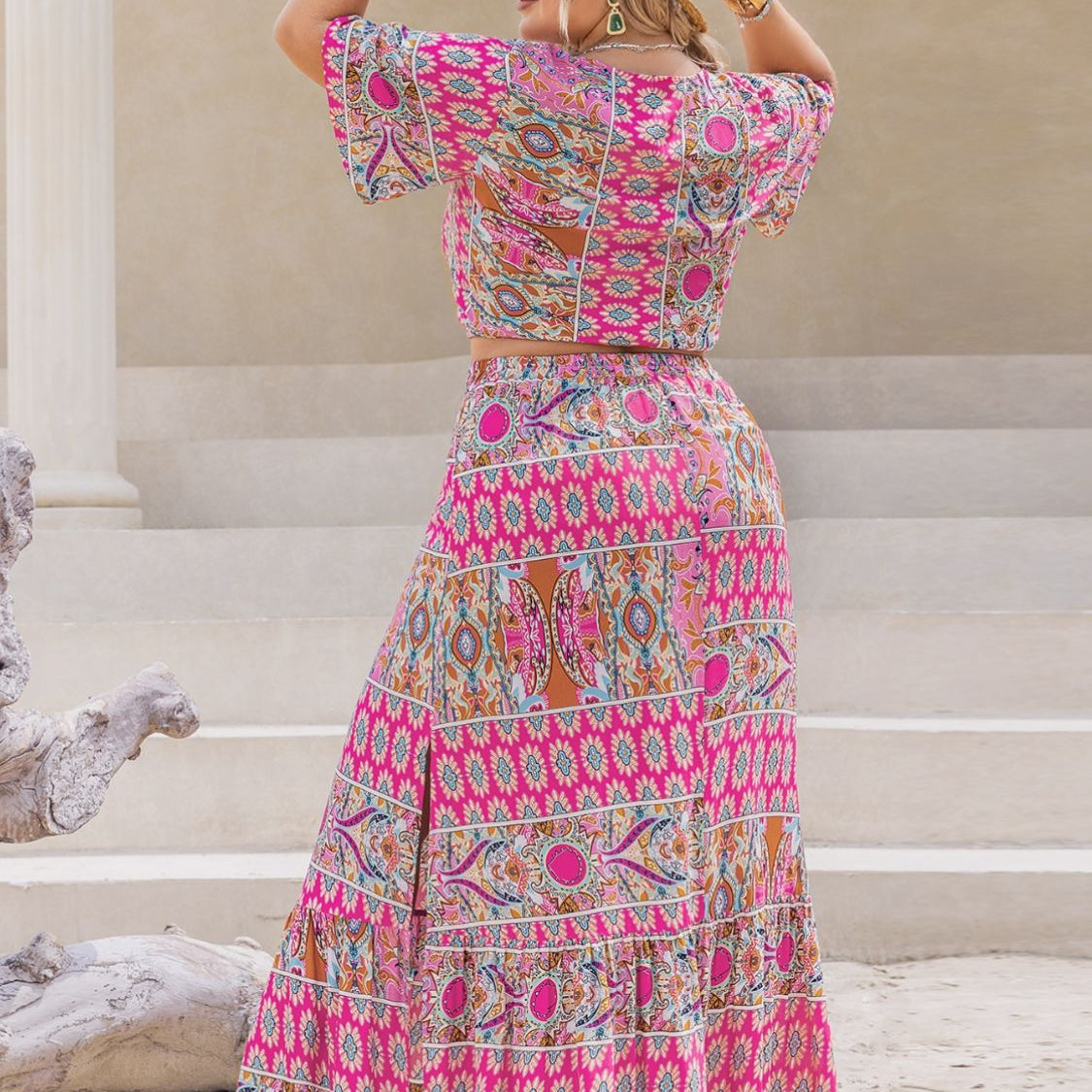 Plus Size Printed V-Neck Half Sleeve Top and Skirt Set