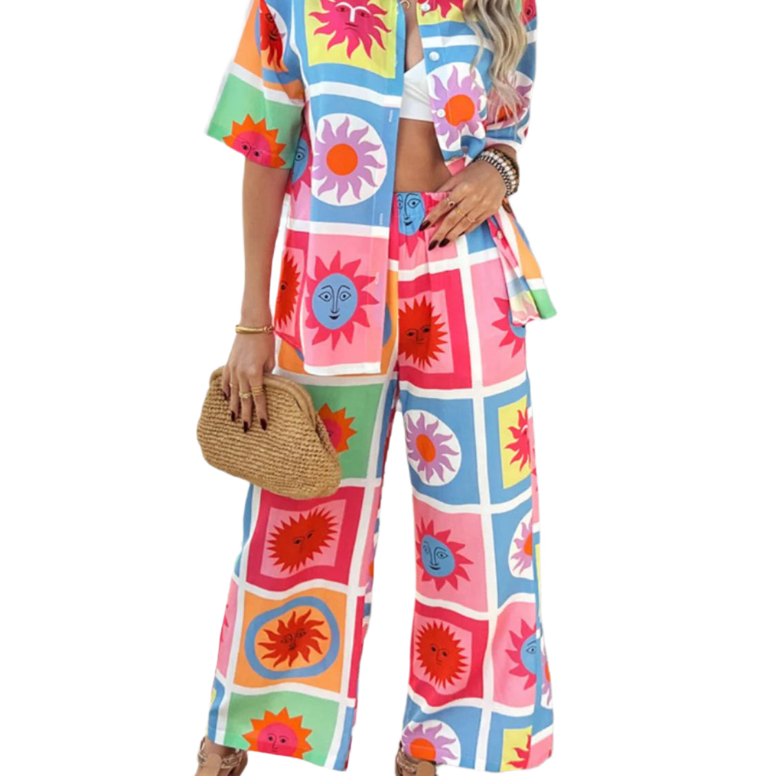 Devine Printed Collared Neck Half Sleeve Top and Pants Set