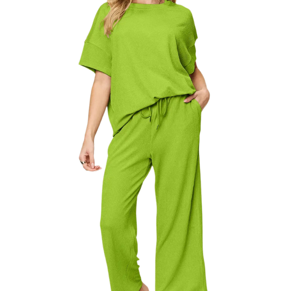 Double Take Full Size Texture Round Neck Short Sleeve T-Shirt and Wide Leg Pants