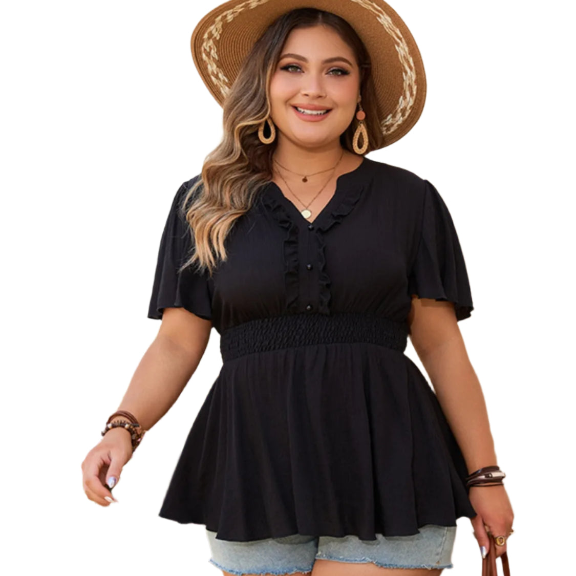 Plus Size Notched Short Sleeve Blouse