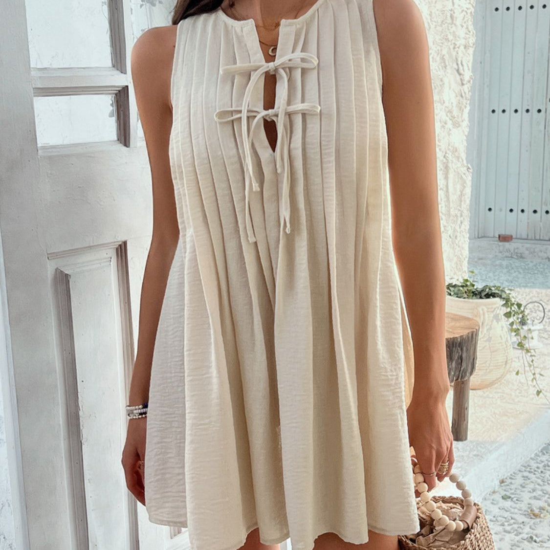 Devine Pleated Sleeveless Mini Dress