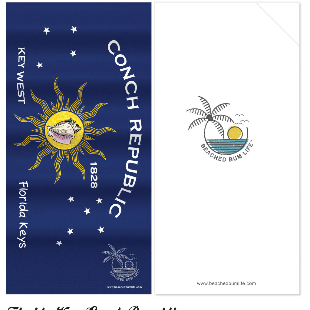 Florida Keys Conch Republic flag with sun and palm tree design on a blue background.