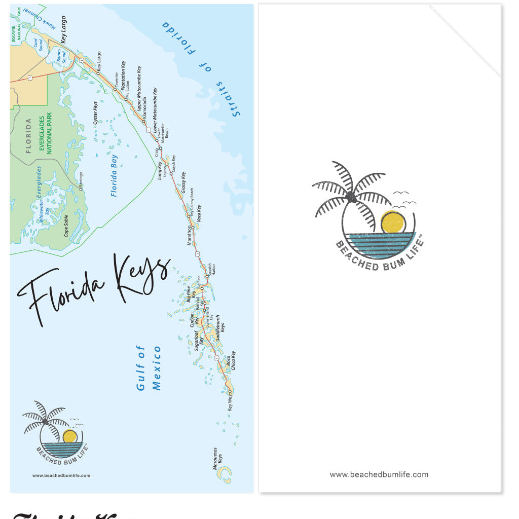 Map of the Florida Keys with 'Beached Bum Life' logo on a white background