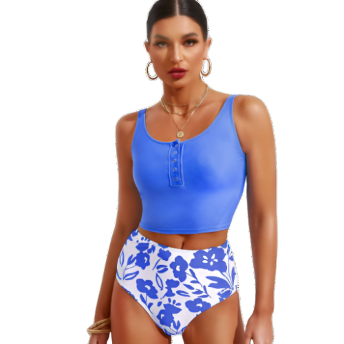 Half Snap Square Neck Tankini Set