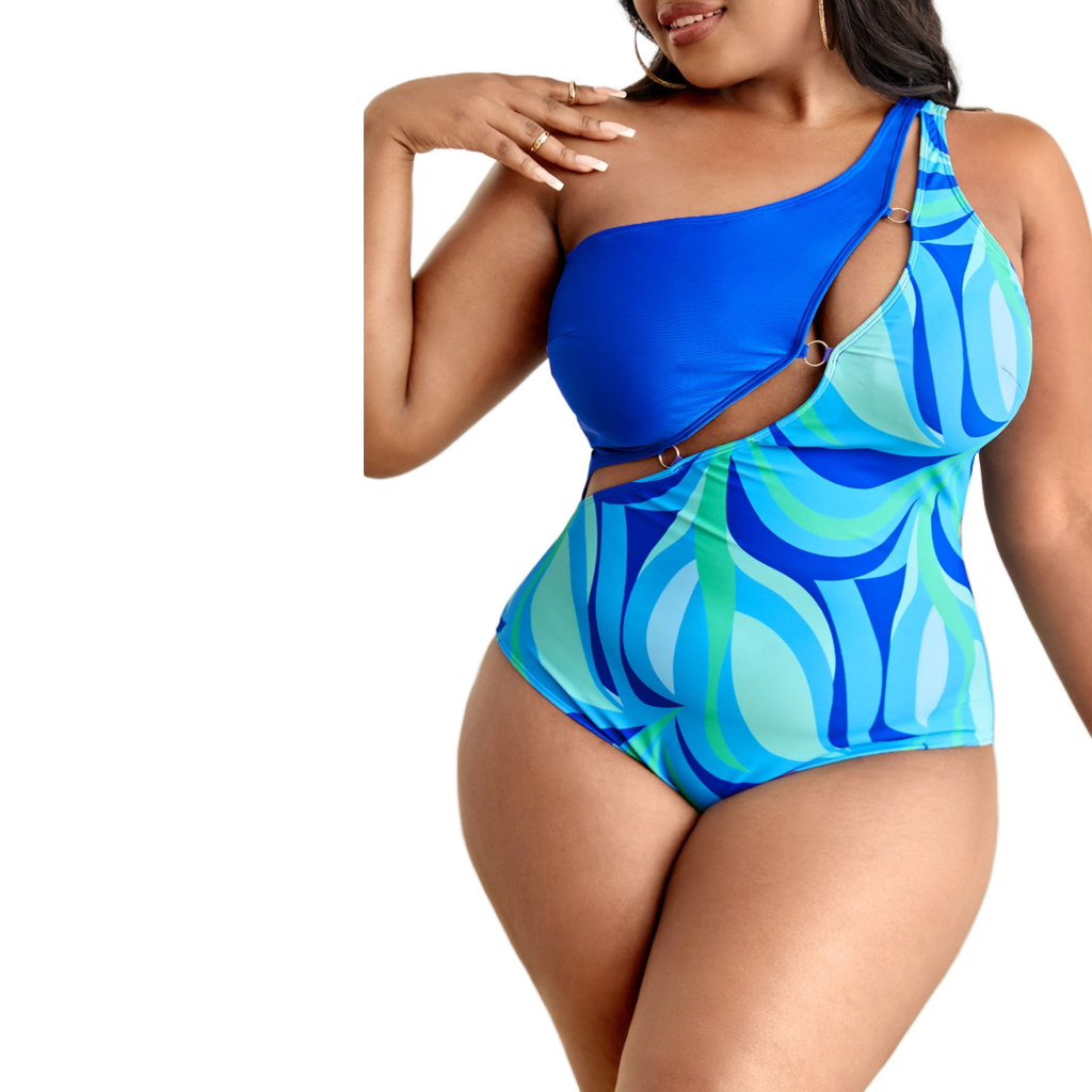 Printed Ring Detail One-Shoulder One-Piece Swimsuit