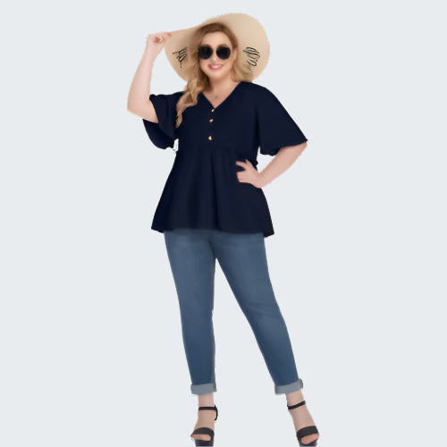 Buttoned V-Neck Frill Trim Babydoll Blouse
