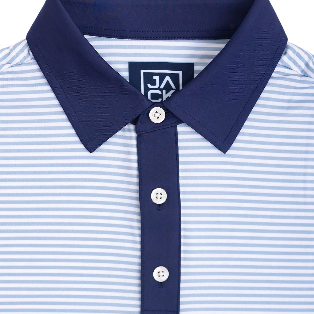 Close-up of a blue and white striped polo shirt with a navy collar and buttons on a white background.