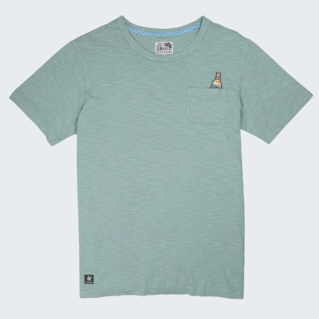 Green t-shirt with a small logo on a white background