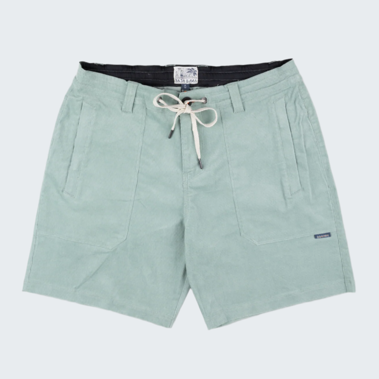 Light green shorts with a drawstring on a white background
