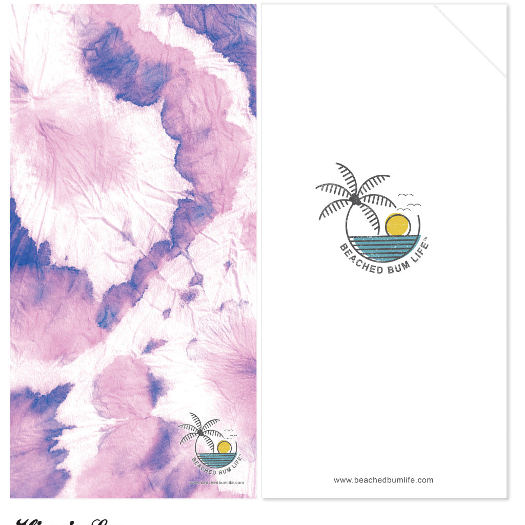 Purple and white abstract design with 'Beached Bum Life' logo and 'Hippie Love' text.