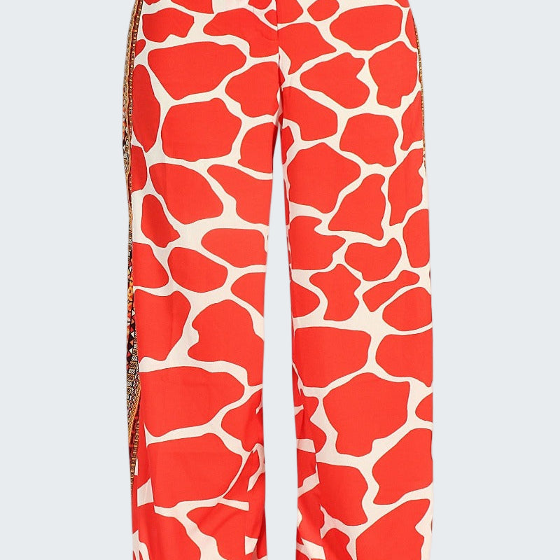 Red and white patterned pants on a white background
